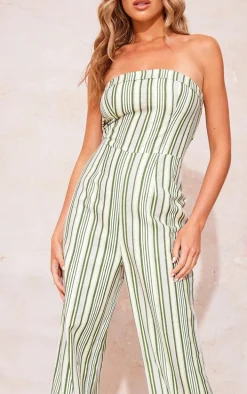 Multi Linen Look Pinstripe Bandeau Fold Over Jumpsuit