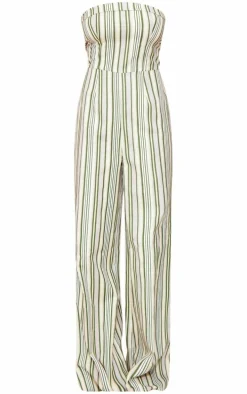 Multi Linen Look Pinstripe Bandeau Fold Over Jumpsuit