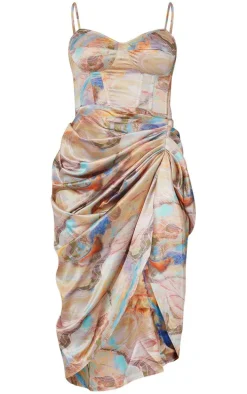 Multi Marble Print Satin Ruched Skirt Corset Detail Midi Dress