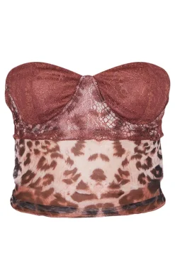 Multi Mesh Leopard Lace Cup Detail Bandeau Top