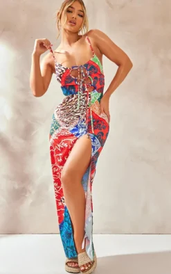 Multi Multi Paisley Print Asymmetric Tie Strappy Midaxi Dress