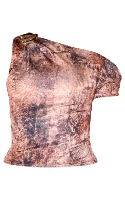 Multi Muted Snake Print Asymmetric Slinky Metal Detail Long Top