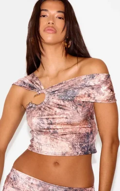 Multi Muted Snake Print One Shoulder Metal Detail Top