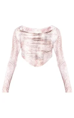 Multi Muted Snake Slinky Print Long Sleeve Cowl Neck Top