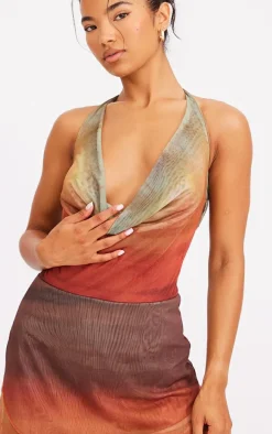 Multi Ombre Print Cowl Neck Bardot Frill Hem Shift Dress