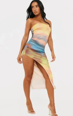 Multi Ombre Print Mesh Bandeau Thigh Split Midaxi Dress
