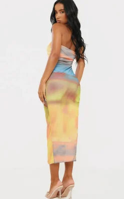 Multi Ombre Print Mesh Bandeau Thigh Split Midaxi Dress