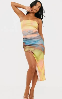 Multi Ombre Print Mesh Bandeau Thigh Split Midaxi Dress