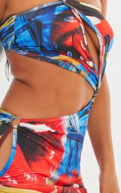 Multi Ombre Print One Shoulder Cut Out Ring Detail Bodycon Dress