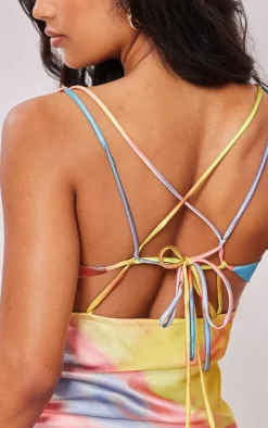 Multi Ombre Print Satin Cowl Tie Back Shift Dress