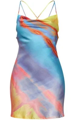 Multi Ombre Print Satin Cowl Tie Back Shift Dress