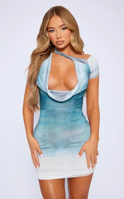 Multi Ombre Print Slinky Asymmetric Cowl Detail Bodycon Dress