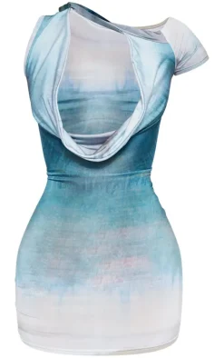 Multi Ombre Print Slinky Asymmetric Cowl Detail Bodycon Dress