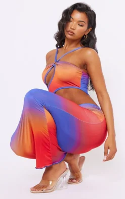 Multi Ombre Print Slinky Ring Detail Cut Out Maxi Dress