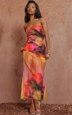 Multi Oversized Chiffon Floral Print Bandeau Maxi Dress