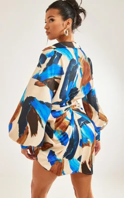 Multi Paint Print Satin Drape Skirt Oversized Sleeve Shirt Dress