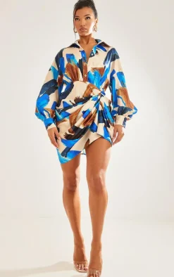 Multi Paint Print Satin Drape Skirt Oversized Sleeve Shirt Dress
