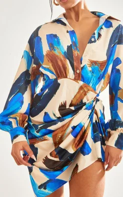 Multi Paint Print Satin Drape Skirt Oversized Sleeve Shirt Dress