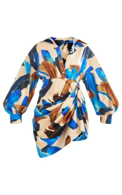 Multi Paint Print Satin Drape Skirt Oversized Sleeve Shirt Dress