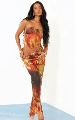 Multi Palm Print Mesh Ruched Maxi Beach Skirt