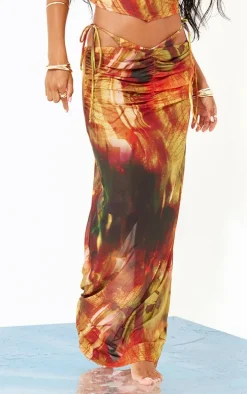 Multi Palm Print Mesh Ruched Maxi Beach Skirt