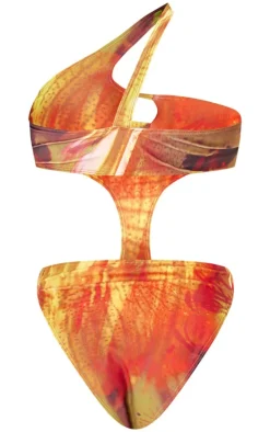 Multi Palm Print One Shoulder Cut Out Swimsuit
