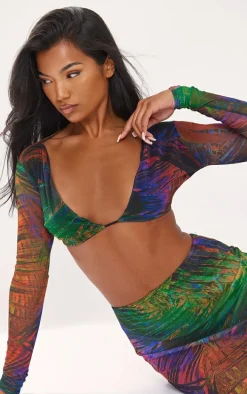 Multi Palm Printed Mesh Long Sleeve Bralet