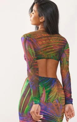 Multi Palm Printed Mesh Long Sleeve Bralet