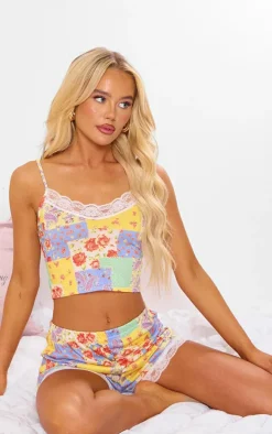 Multi Patchwork Floral Print Lace Trim Short Pj Set