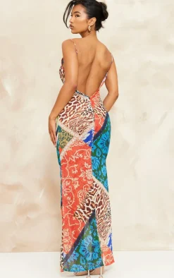 Multi Patchwork Paisley Print Strappy Backless Maxi Dress