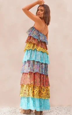 Multi Patchwork Paisley Print Tiered Maxi Dress