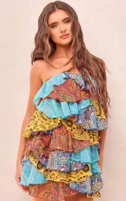 Multi Patchwork Paisley Print Tiered Mini Dress