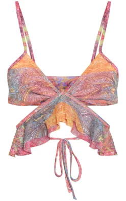 Multi Patchwork Printed Mesh Frill Wrap Detail Crop Top