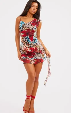 Multi Print Asymmetric Neck Frill Detail Bodycon Dress