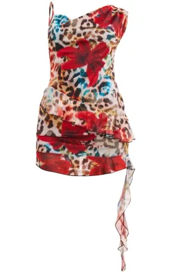 Multi Print Asymmetric Neck Frill Detail Bodycon Dress