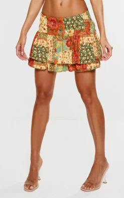 Multi Print Chiffon Ruffle Mini Skirt
