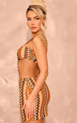 Multi Print Crochet Cut Out One Shoulder Mini Dress