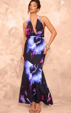 Multi Print Halter Neck Maxi Dress