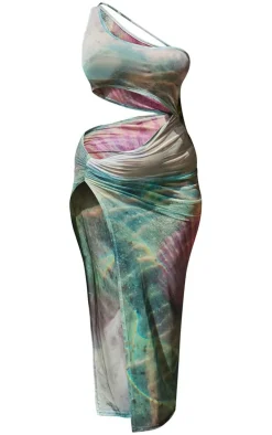Multi Print One Shoulder Mesh Maxi Beach Dress