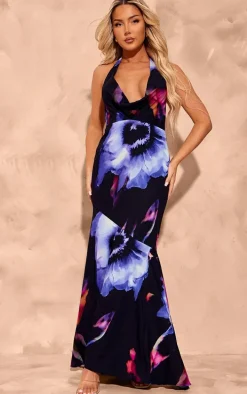 Multi Print Open Back Halter Neck Maxi Dress