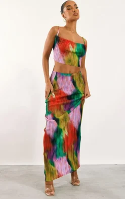 Multi Print Plisse Maxi Skirt