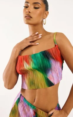 Multi Print Plisse Strappy Cowl Neck Top