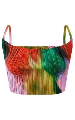 Multi Print Plisse Strappy Cowl Neck Top