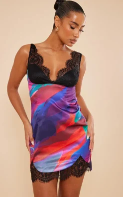 Multi Print Satin Contrast Lace Bust Detail Bodycon Dress