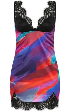 Multi Print Satin Contrast Lace Bust Detail Bodycon Dress