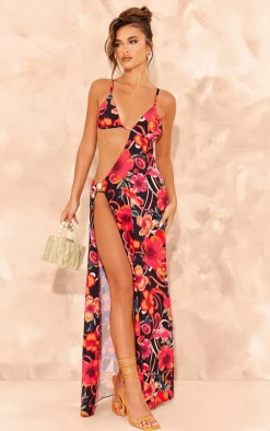 Multi Print Trim Detail Side Cut Out Maxi Dress