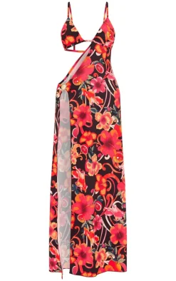 Multi Print Trim Detail Side Cut Out Maxi Dress