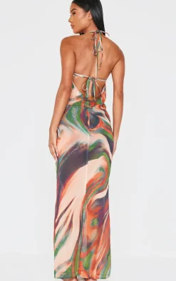 Multi Printed Chiffon Deep Plunge Maxi Beach Dress