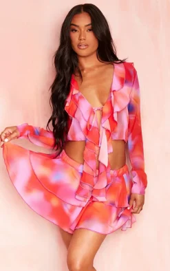 Multi Printed Chiffon Frill Tie Front Beach Top