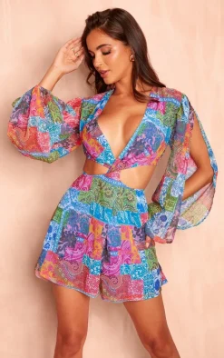 Multi Printed Chiffon Twist Front Long Sleeve Romper